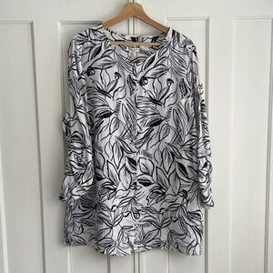 Christian Siriano Shirt 100% Linen Monochrome Floral Tunic Button Up 2X Beach